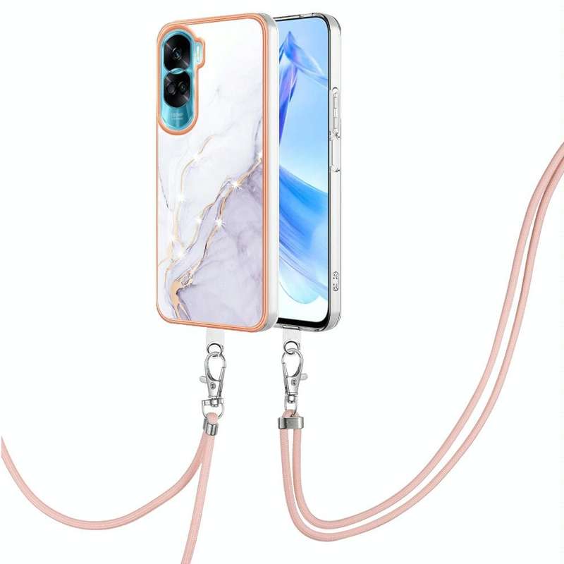 For Honor 90 Lite 5G Electroplating Marble Dual-side IMD Phone Case with Lanyard(White 006)