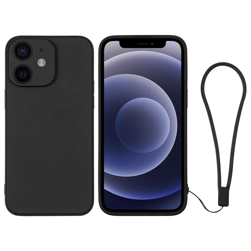 For iPhone 12 mini Silicone Phone Case with Wrist Strap(Black)