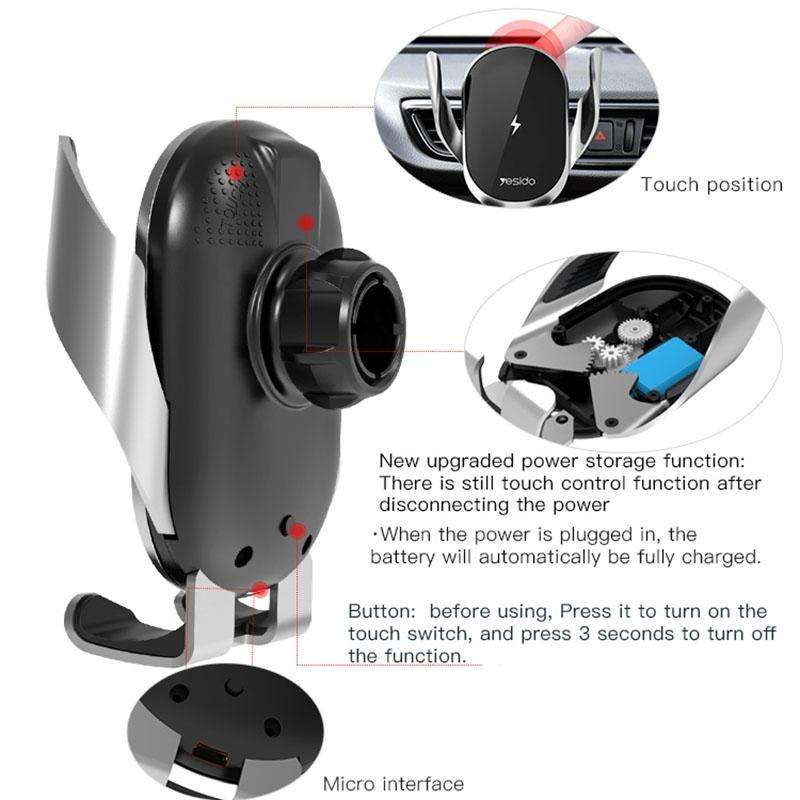 Yesido C78 Car Automatic Clamping 15W Qi Wireless Charger Phone Holder(Black)