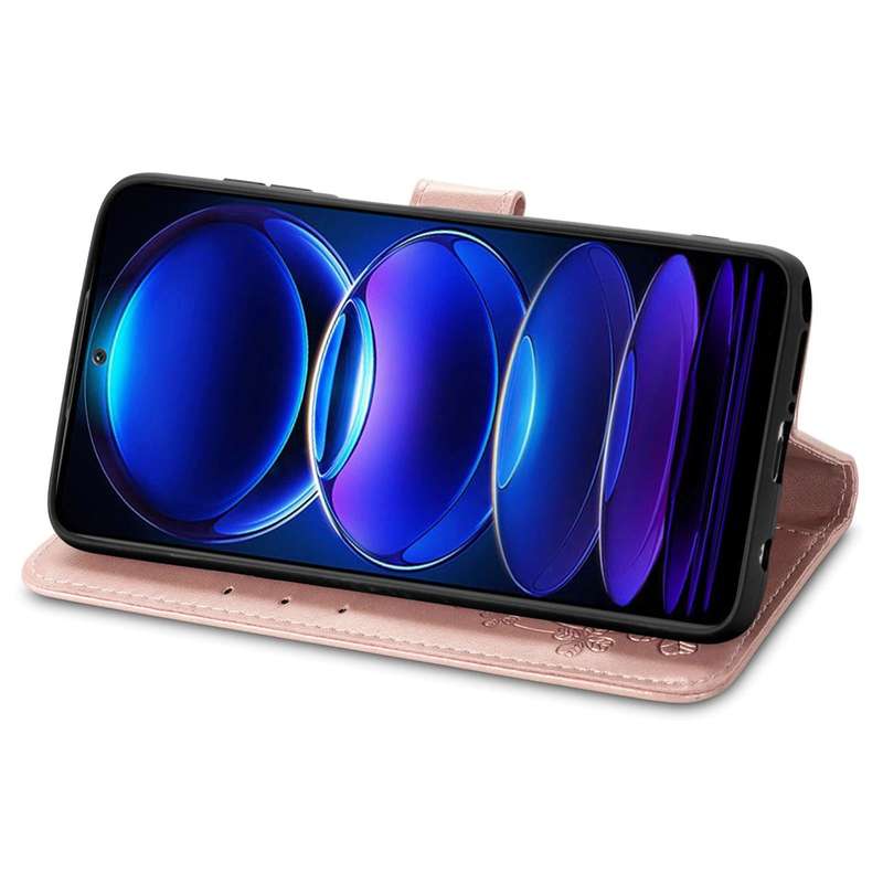For Xiaomi Redmi Note 12 Pro+ China Four-leaf Clasp Embossed Buckle Leather Phone Case(Rose Gold)