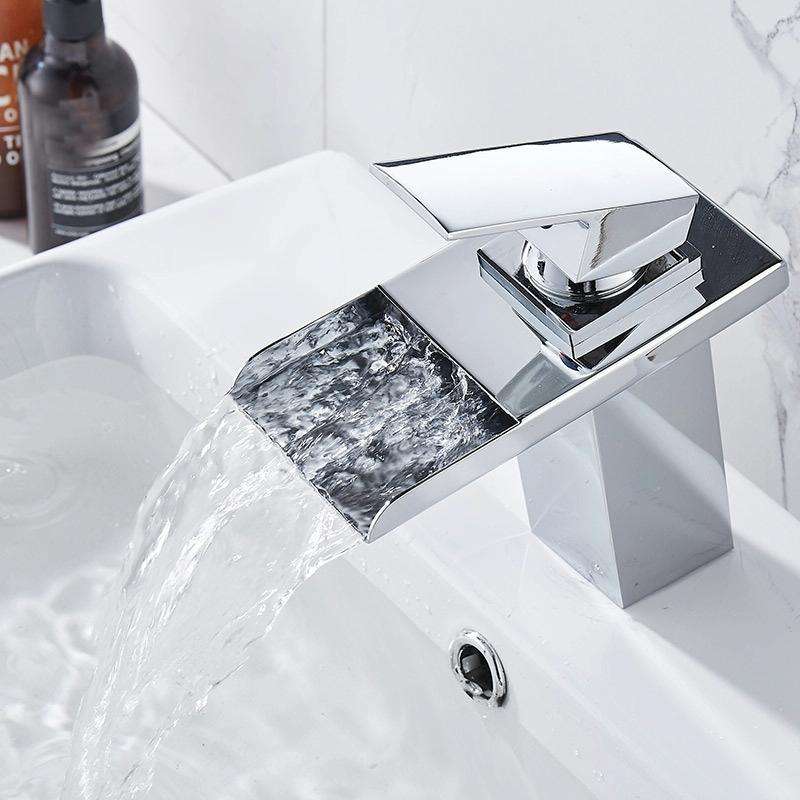 LED Three Lights Hot Cold Water Faucet Bathroom Waterfall Faucet CN Plug(Electroplating Silver)