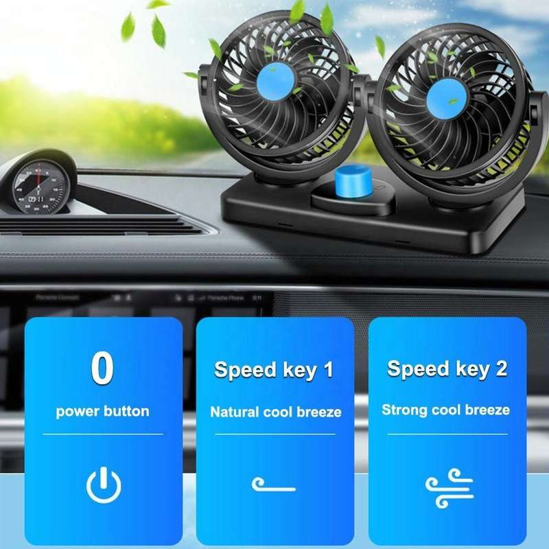 HUXIN HX-T303 6.5W 360 Degree Adjustable Rotation Two Head Low Noise Mini Electric Car Fan, DC12V