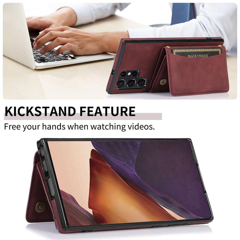 For Samsung Galaxy S22 Ultra Three-fold Leather Phone Case with Card Slot & Wallet & Holder(Wine ...