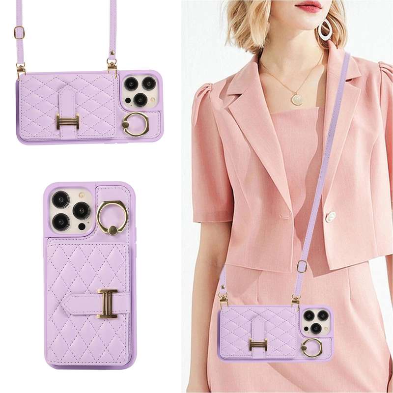 For iPhone 14 Pro Max Horizontal Card Bag Ring Holder Phone Case with Dual Lanyard(Purple)
