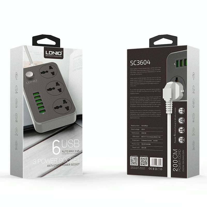 LDNIO SC3604 6 x USB Ports Multi-function Travel Home Office Socket, Cable Length: 2m, Big UK Plug