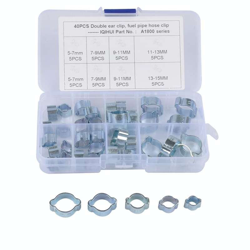 40 PCS Adjustable Double Ear Zinc Plated Steel Hydraulic Hose Clamps O-Clips Pipe Fuel Air, Insid...
