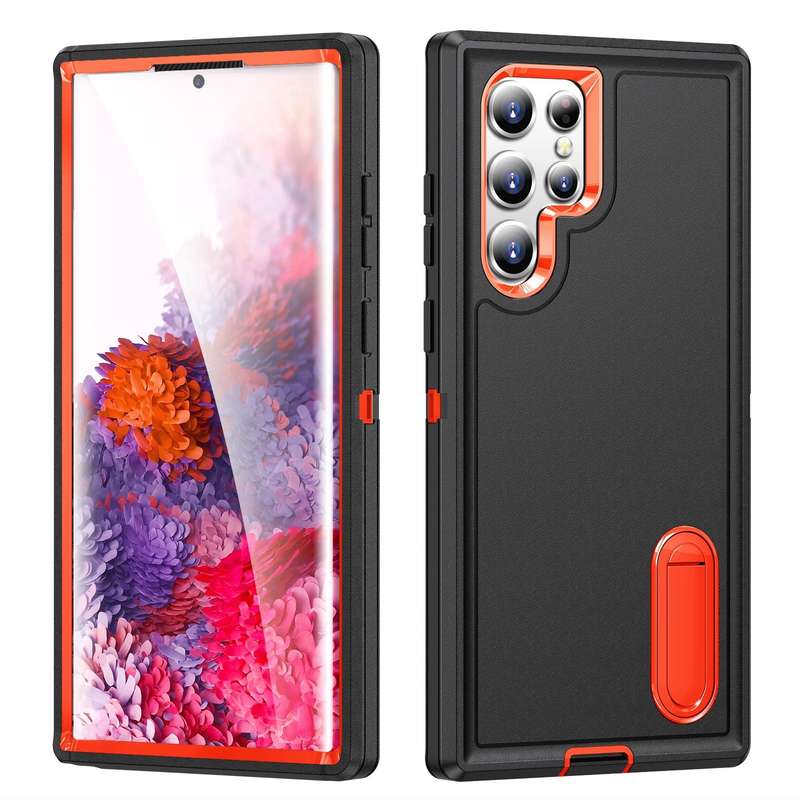 For Samsung Galaxy S22 Ultra 5G 3 in 1 Rugged Holder Phone Case(Black+Orange)