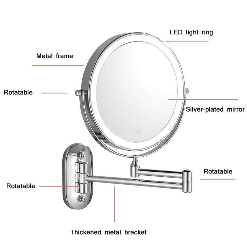 8 Inch Wall-Mounted Double-Sided Makeup Mirror LED Three-Tone Light Bathroom Mirror, Colour:USB C...