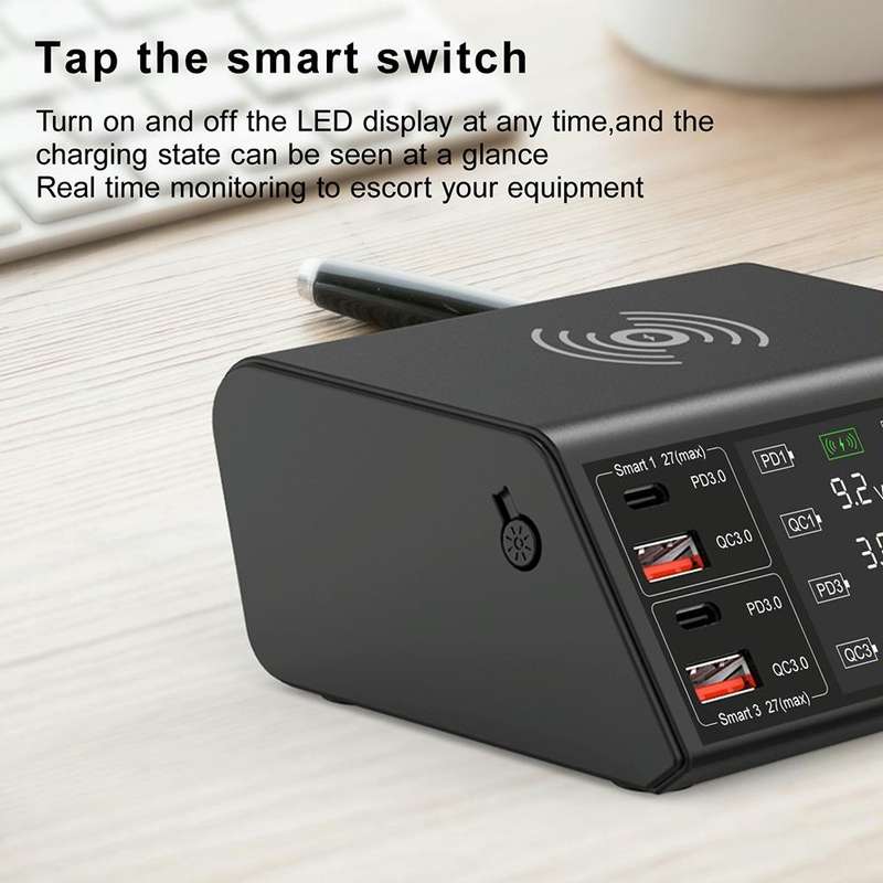838w 9 in 1 100W 4 PD 3.0 USB-C / Type-C + 4 QC 3.0 USB Ports Smart Digital Display Wireless Char...