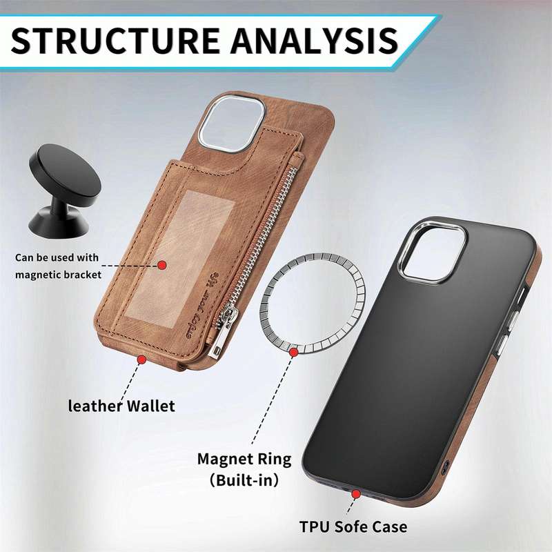 For iPhone 15 Magsafe Zipper RFID Wallet All-inclusive Shockrpoof Phone Case(Brown)