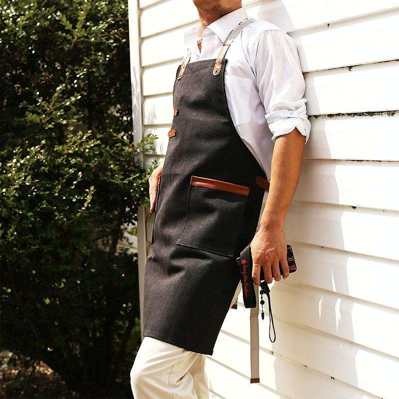 Washed Canvas Apron Chef Cafe Shop BBQ Hairdresser Aprons(Black)