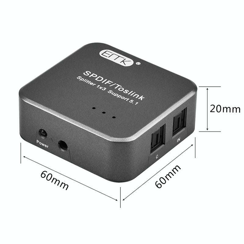 EMK 1 Input 3 Output Digital Optical Audio SPDIF Toslink Splitter Adapter (Silver Grey)