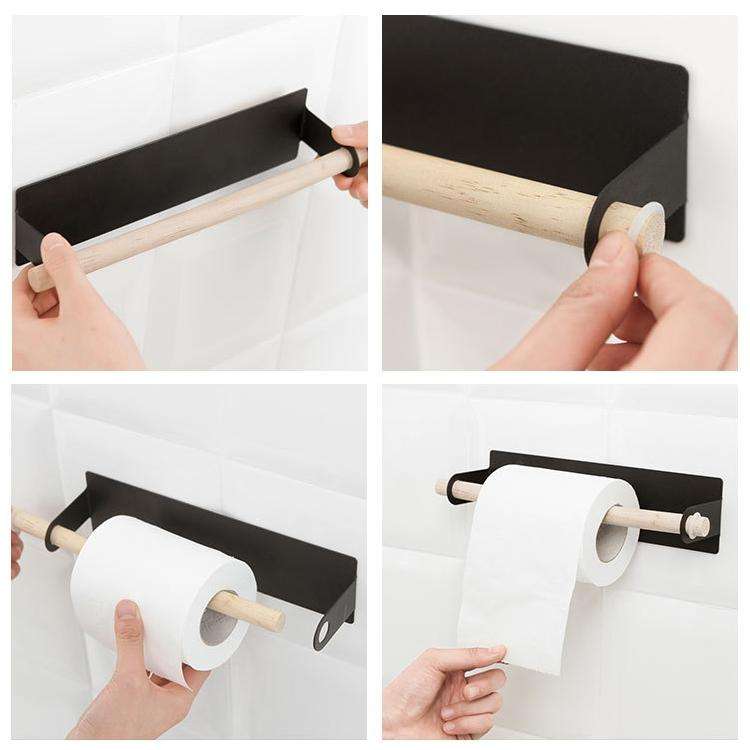 Non-perforated Kitchen Paper Holder Rag Roll Paper Storage Rack Toilet Bathroom Towel Rack(Black)