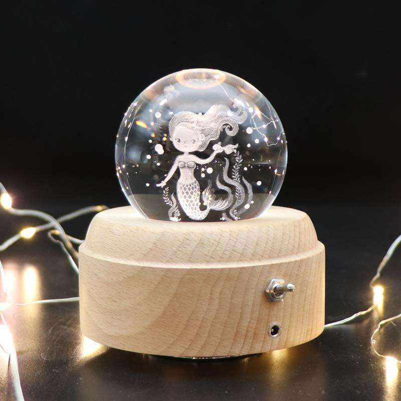 Girl Bedside Lamp Crystal Ball Wooden Base Music Box Charging Glow Rotating Night Light, Random M...