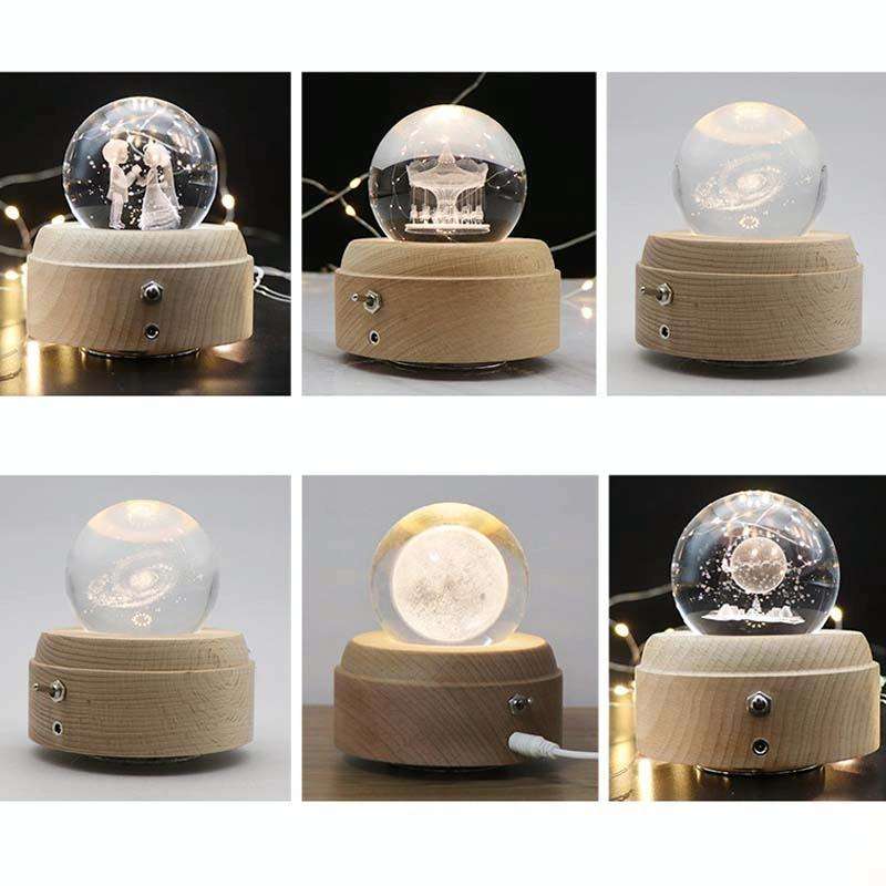 Girl Bedside Lamp Crystal Ball Wooden Base Music Box Charging Glow Rotating Night Light, Random M...