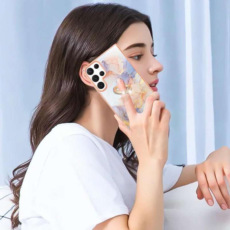 For Samsung Galaxy S22 Ultra 5G Electroplating IMD TPU Phone Case with Ring(White Marble)