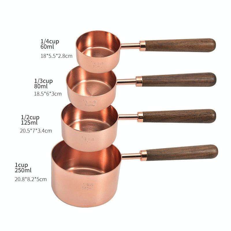 4 PCS / Set Measuring Cup Walnut Handle Copper-Plated Kitchen Baking Tools Bartender Scale Measur...