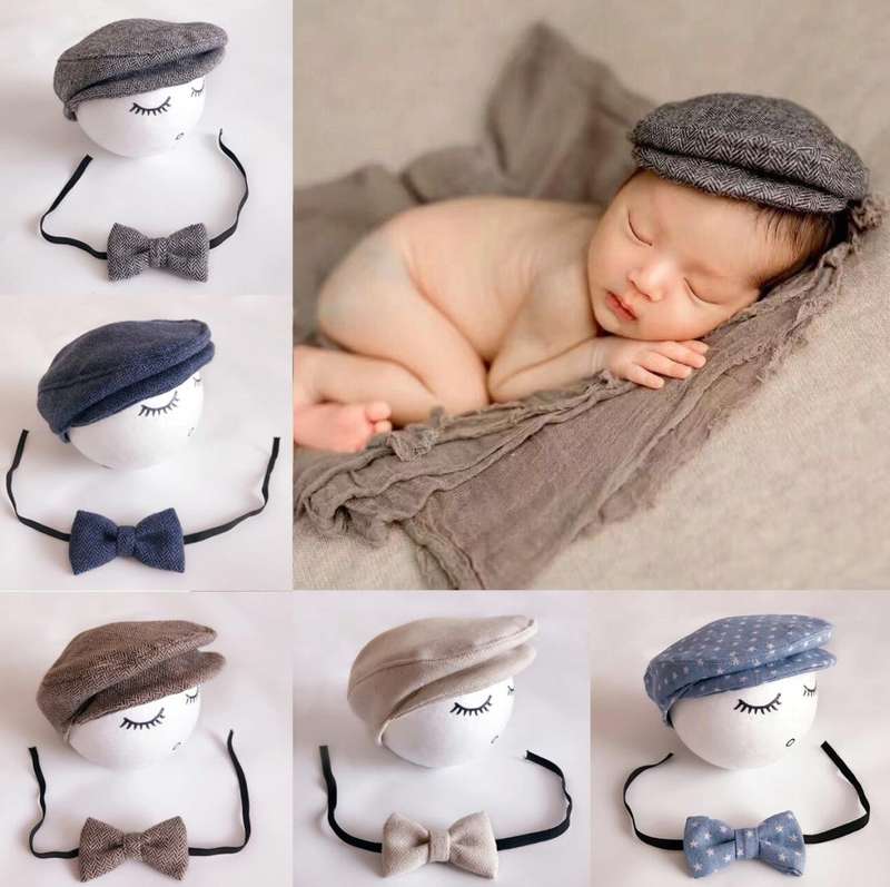Newborn Baby Photography Props Photo Shoot Outfits Infant Cap Cabbie Hat with Bowtie Set Beige