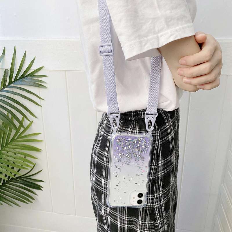 For iPhone 15 Gradient Glitter Epoxy TPU Thickened Acrylic Phone Case with Wide Lanyard(Purple)