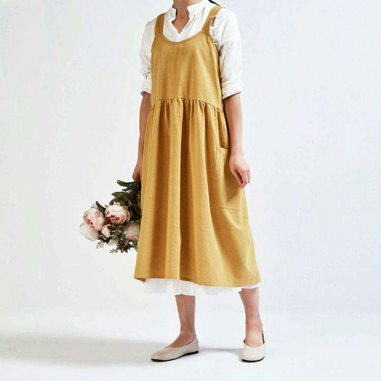 High Waist Cotton Linen Solid Color Apron(Ginger)