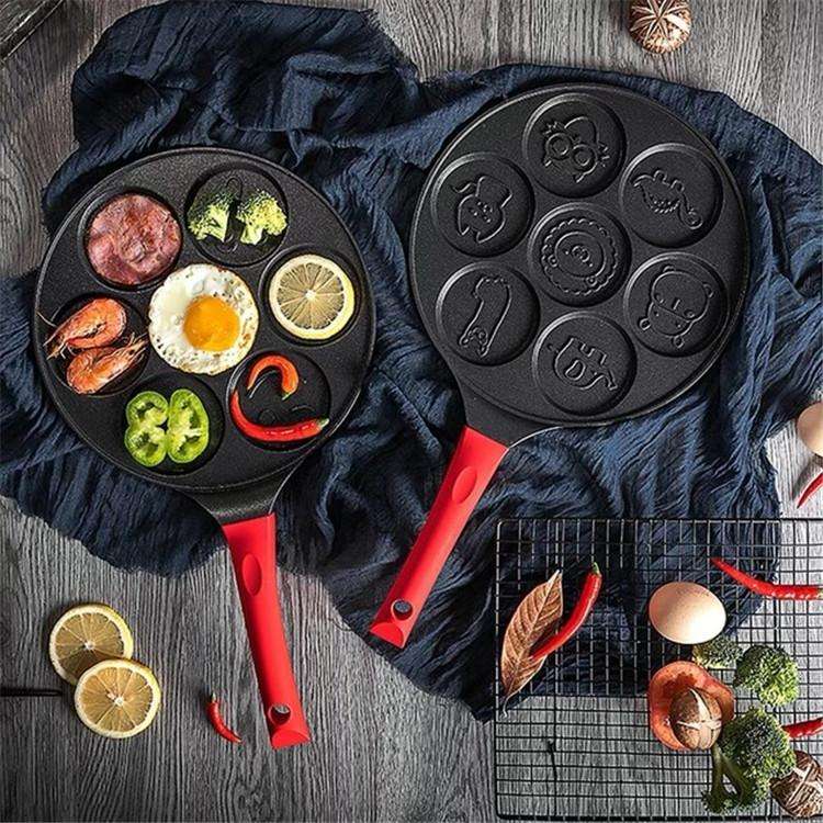 Seven-hole Breakfast Pan Multifunctional Flat Bottom Frying Pan Non-stick Egg Dumpling Pan(Black ...