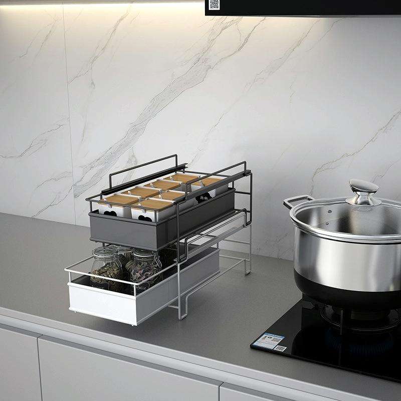 Kitchen Countertop Under Sink Spice Racks Can Be Stacked With Multi-Layer Pull-Out Storage Wrough...