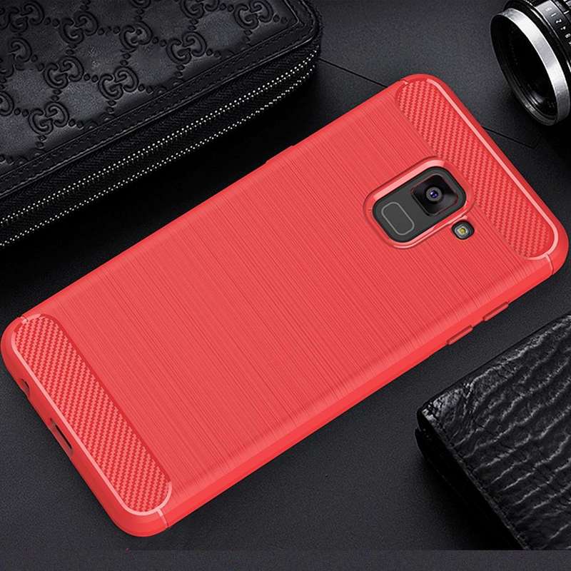 For Galaxy A8 (2018) Brushed Texture Carbon Fiber Shockproof TPU Protective Back Case (Red)