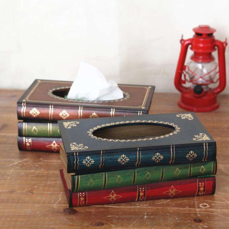 Retro Hand Drawn Book Style Tissue Box Case(Green)