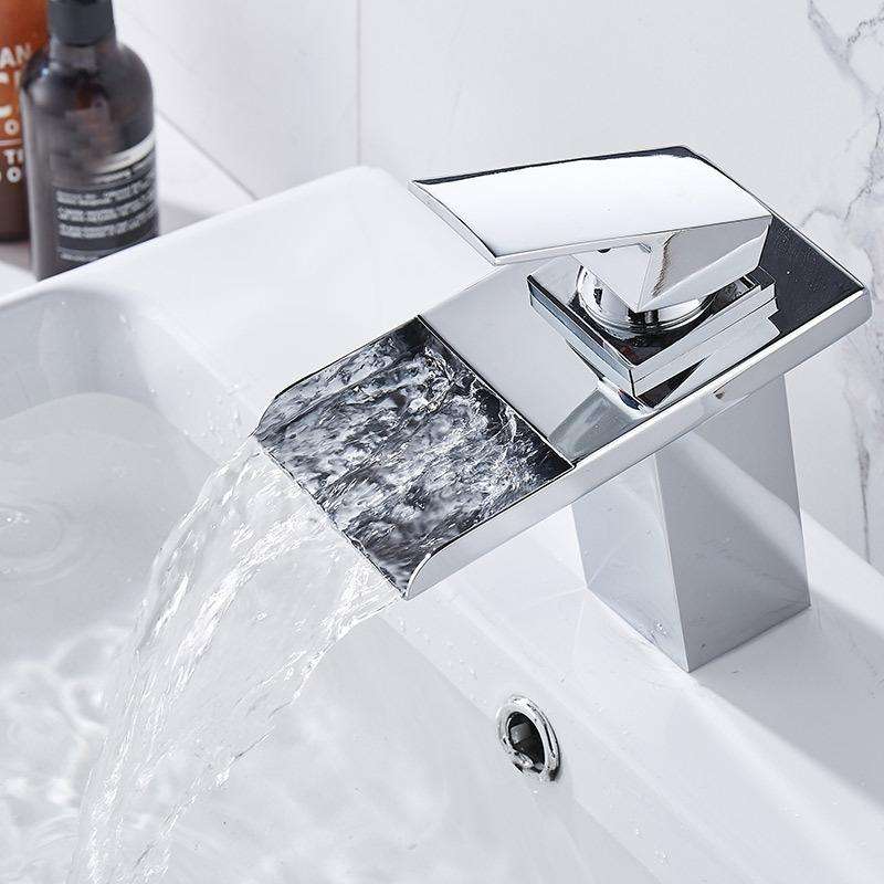 LED Three Lights Hot Cold Water Faucet Bathroom Waterfall Faucet CN Plug(Black)