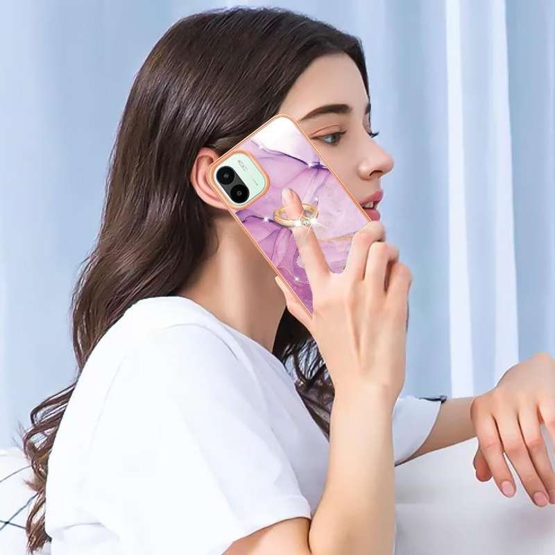 For Xiaomi Redmi A1 Electroplating Marble IMD Phone Case with Ring Holder(Purple 001)
