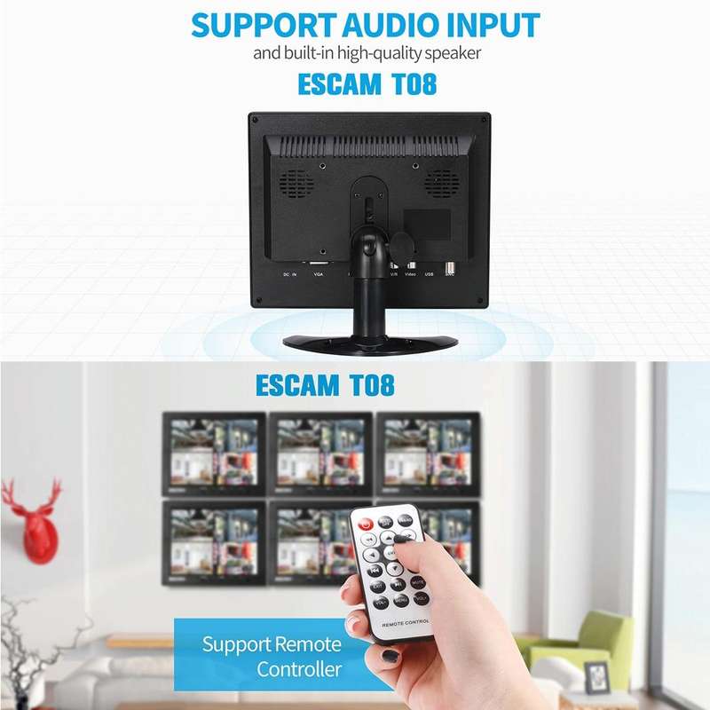 ESCAM T08 8 inch TFT LCD 1024x768 Monitor with VGA & HDMI & AV & BNC & USB for PC CCTV Security