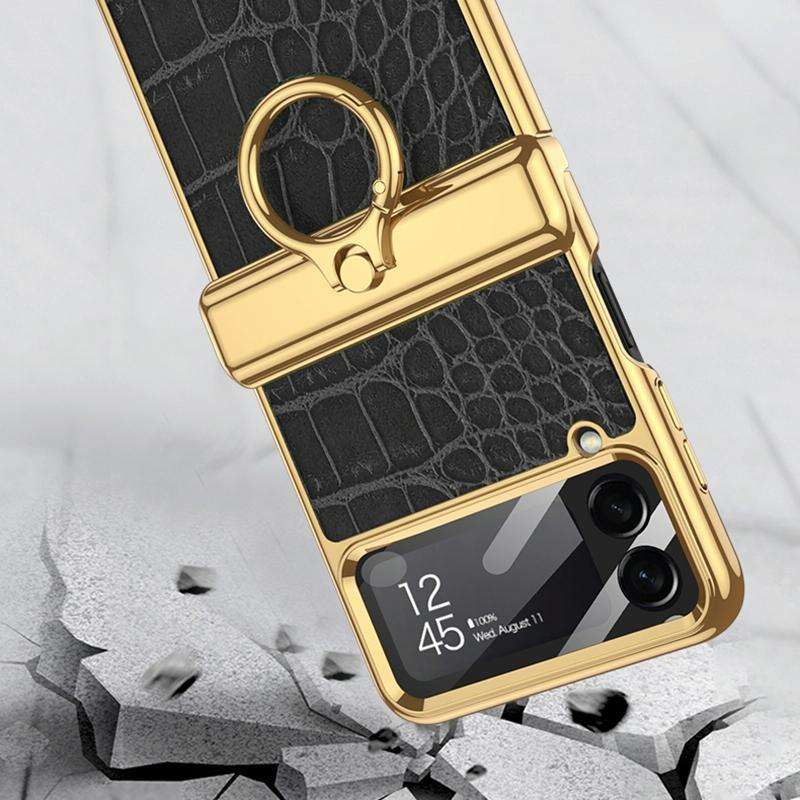For Samsung Galaxy Z Flip4 GKK Integrated Plating + Leather Flip Phone Case(Crocodile Green)