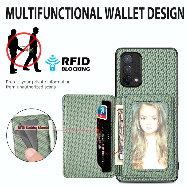 For OPPO A74 5G Carbon Fiber Magnetic Card Bag Phone Case(Green)