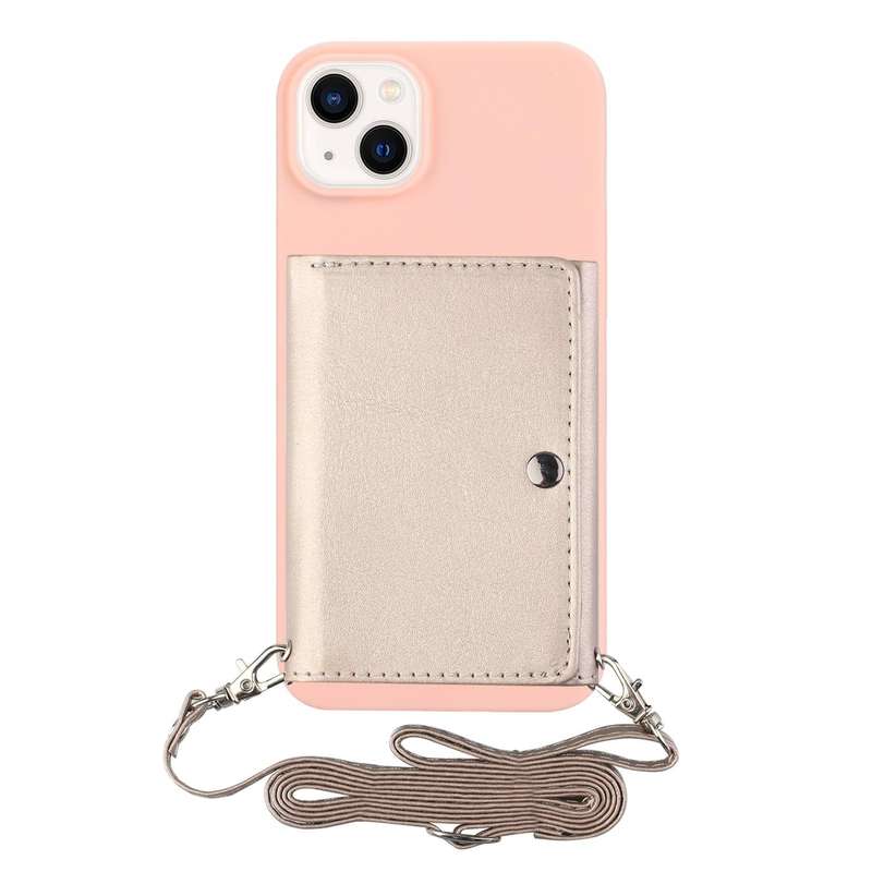 For iPhone 14 Crossbody Lanyard Wallet Card Bag Phone Case(Pink)