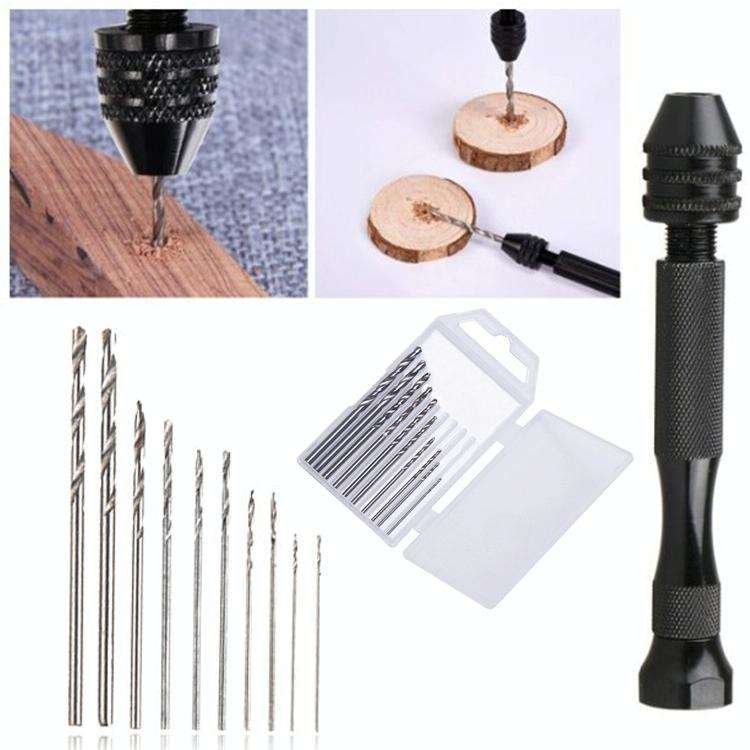 Black Hand Twist Drill + Holder + 10 Drills Aluminum Slloy Hand Drill Punch