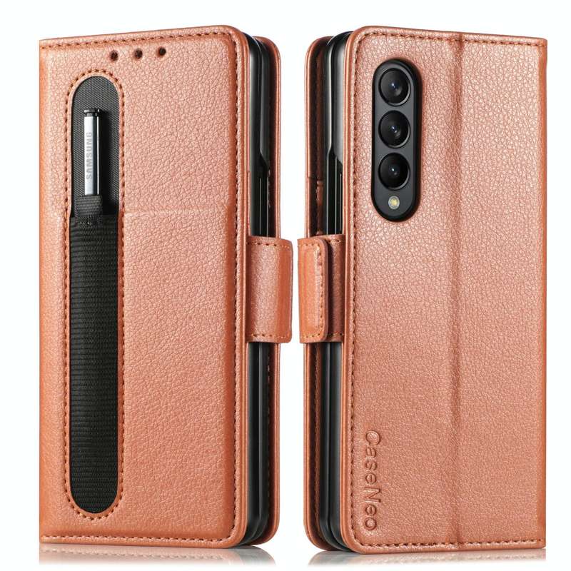 For Samsung Galaxy Z Fold4 5G Litchi Pattern Folding Phone Case with Pen & Card Slots (Brown)