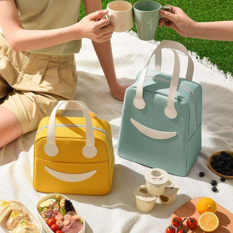 Smiley Lunch Bag with Leather Handles, Size: S (Gray)