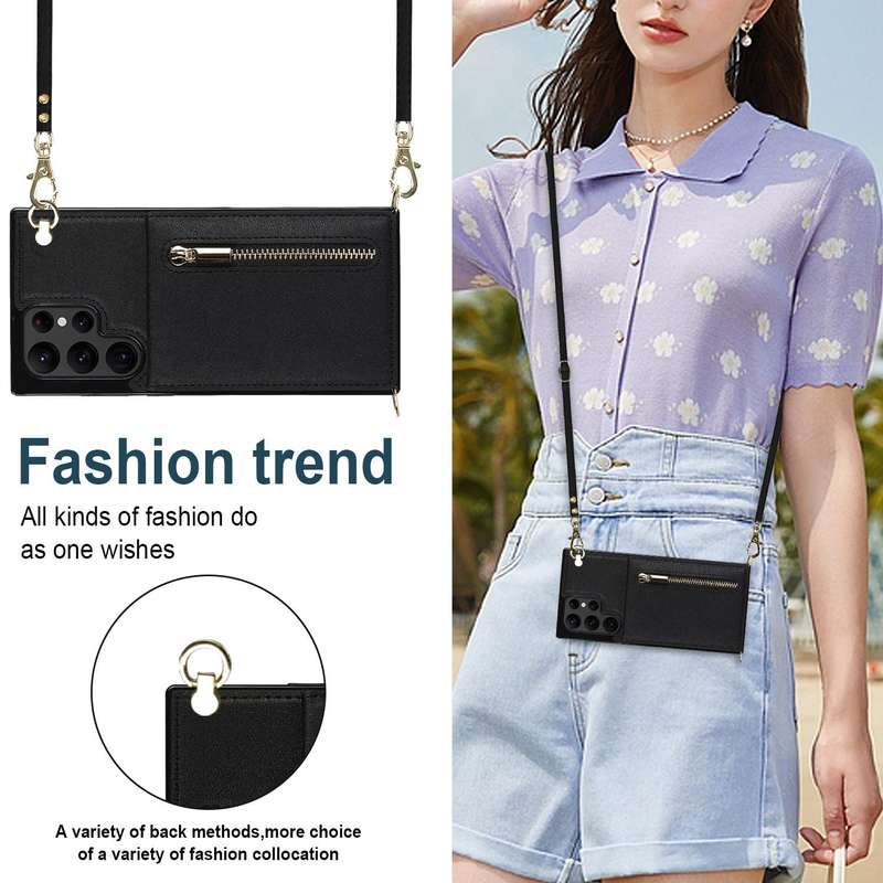 For Samsung Galaxy S22 Ultra 5G Cross-body Square Zipper Card Holder Bag Phone Case(Black)