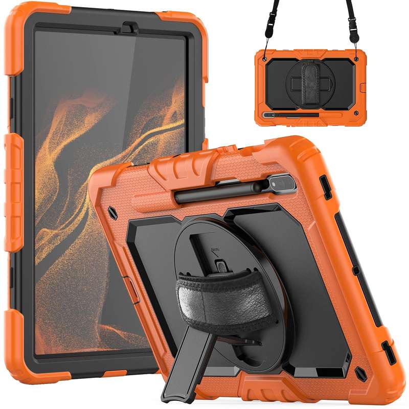 For Samsung Galaxy Tab S8 11 inch SM-X700 Silicone + PC Tablet Case with Shoulder Strap(Orange+Bl...