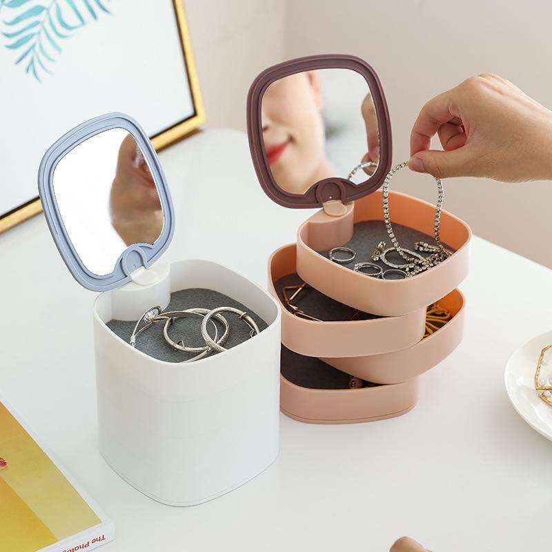 Desktop Contrast Color Multi-layer Jewelry Box With Mirror Rotating Storage Box(White Gray)