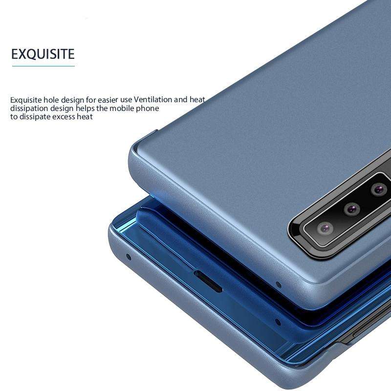 For Galaxy A30s / A50s Plating Mirror Left and Right Flip Cover with Bracket Holster(Purple blue)