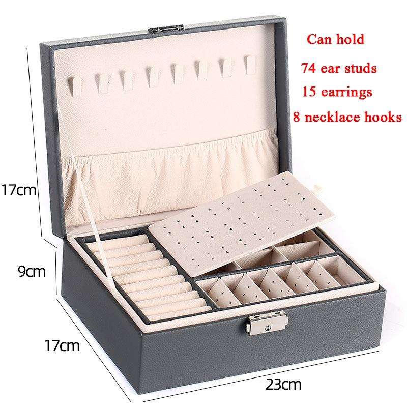 Simple Double-Layered Wooden Leather Jewelry Box With Lock Earrings Jewelry Box(Black)