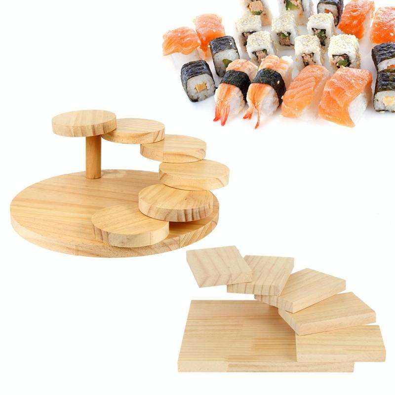 Wood Serving Tray Rotating Steps Meat Plate Sushi Dish, Specification: Round Six -step