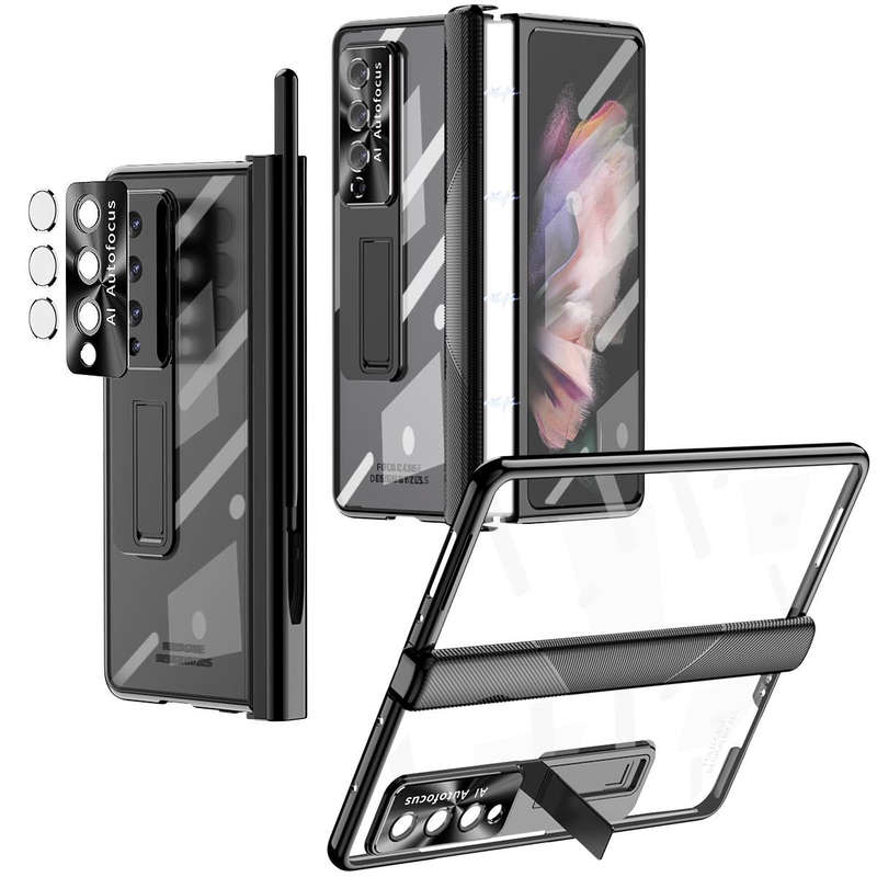 For Samsung Galaxy Z Fold3 5G Magnetic Hinges Plating Phone Case with Holder(Black)