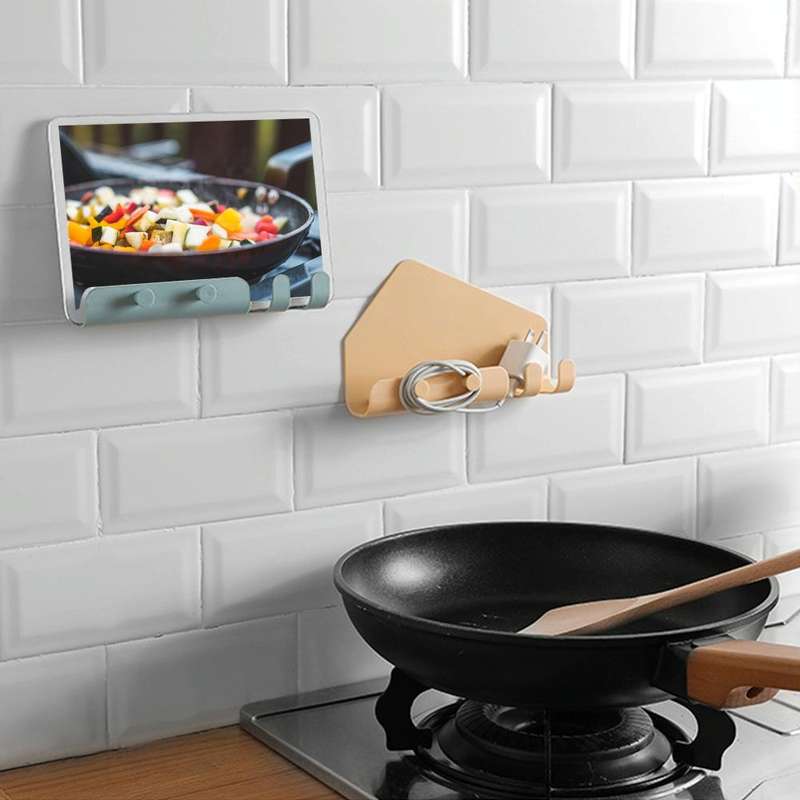 Wall Mounted 4 Hooks Mobile Phone Hanging Holder Hook Charging Stand Bracket(White)