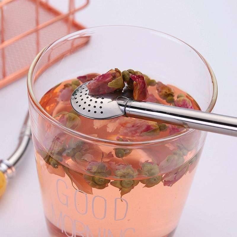 Washable Stainless Steel Straw Spoon Filter Slip Tea Tableware(Pink)