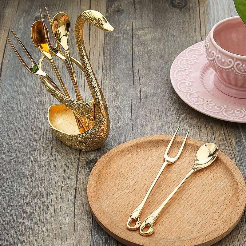 Swan Fruit Fork And Spoon Set Dessert Fork Fruit Fork Rack Tableware Wedding Gift, Colour: Golden...