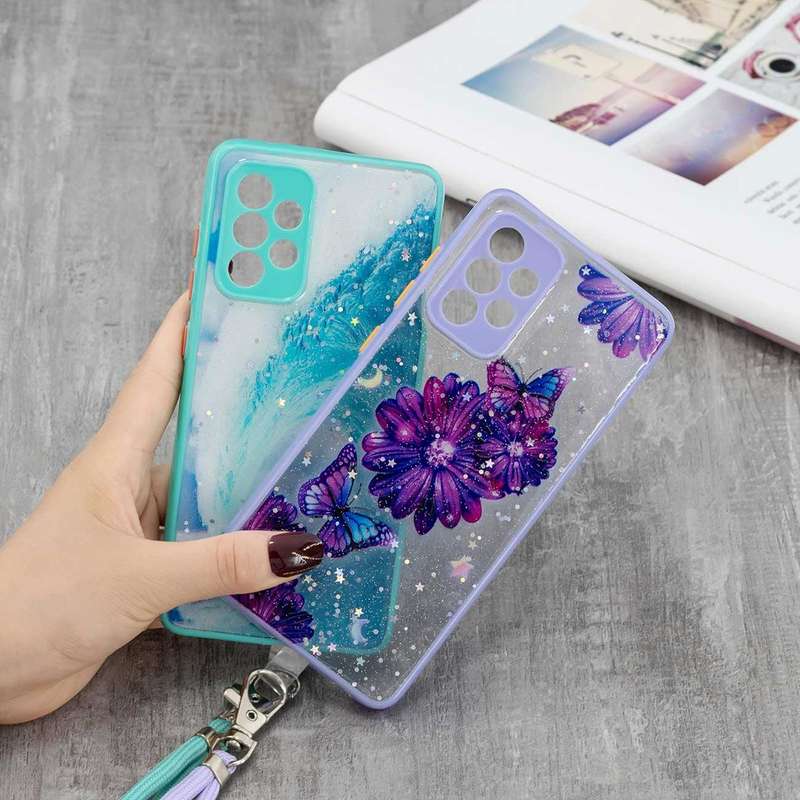 For Samsung Galaxy A73 5G Starry Sky Epoxy TPU Phone Case with Neck Lanyard(Purple Butterfly)