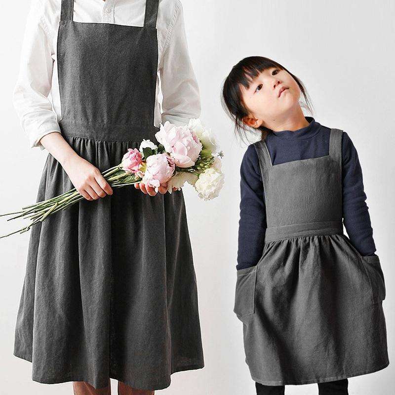 Cotton And Linen Parent-Child Painting Apron Baking Coffee Work Clothes,Size: Adults (oat)