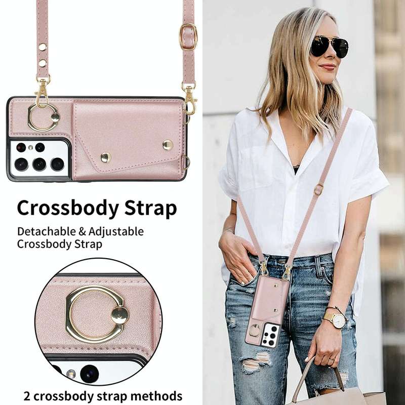 For Samsung Galaxy S21 Ultra 5G Zipper Card Bag Phone Case with Dual Lanyard(Rose Gold)